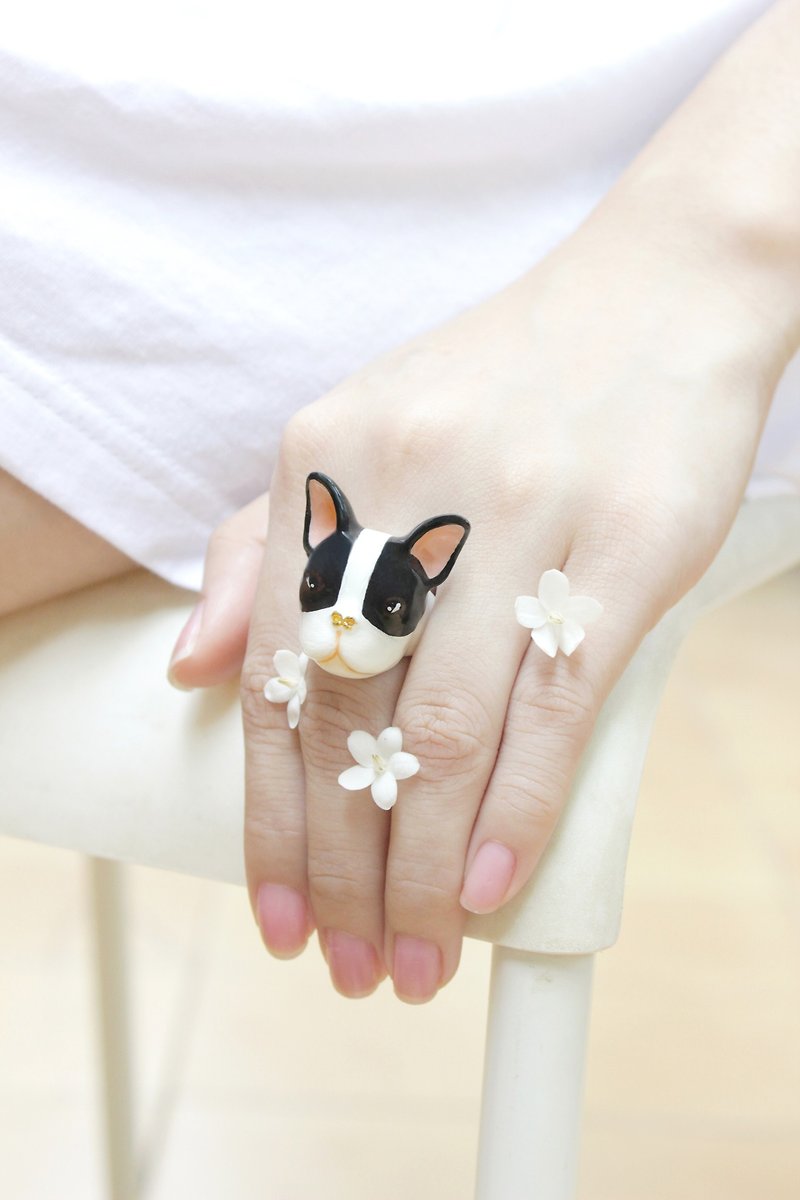 French Bulldog Ring Black and White, Dog Ring. - General Rings - Copper & Brass Black