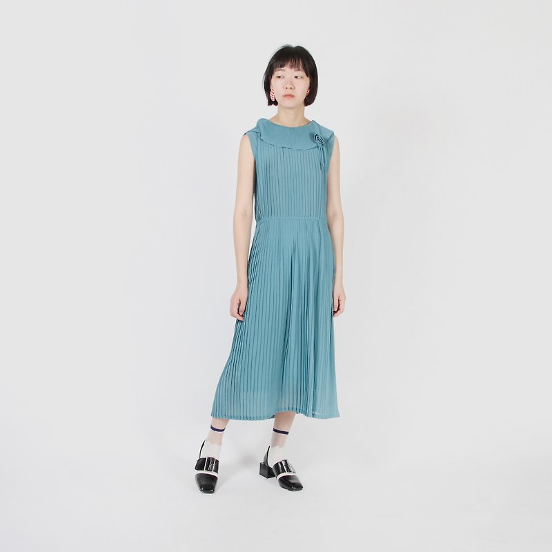 [Egg Plant Vintage] Lake Color Elf Sleeveless Pleated Vintage Dress - One Piece Dresses - Polyester Blue