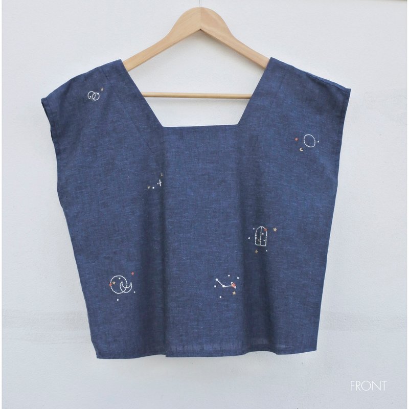 Embroidery | Cotton | Square neck shirt, blue - 女襯衫 - 棉．麻 藍色