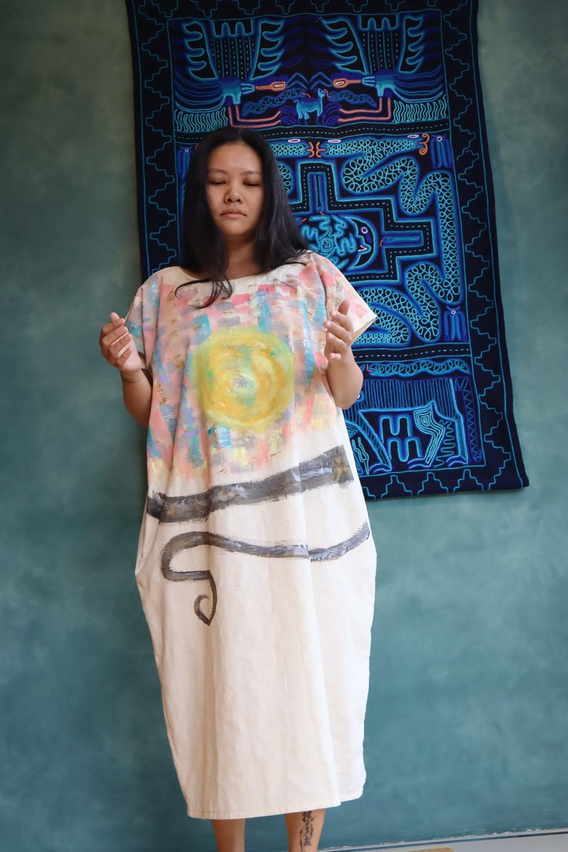 [Yu Ling Hui] Purely hand-painted natural pure cotton loose long dress I handmade clothing - ชุดเดรส - ผ้าฝ้าย/ผ้าลินิน 