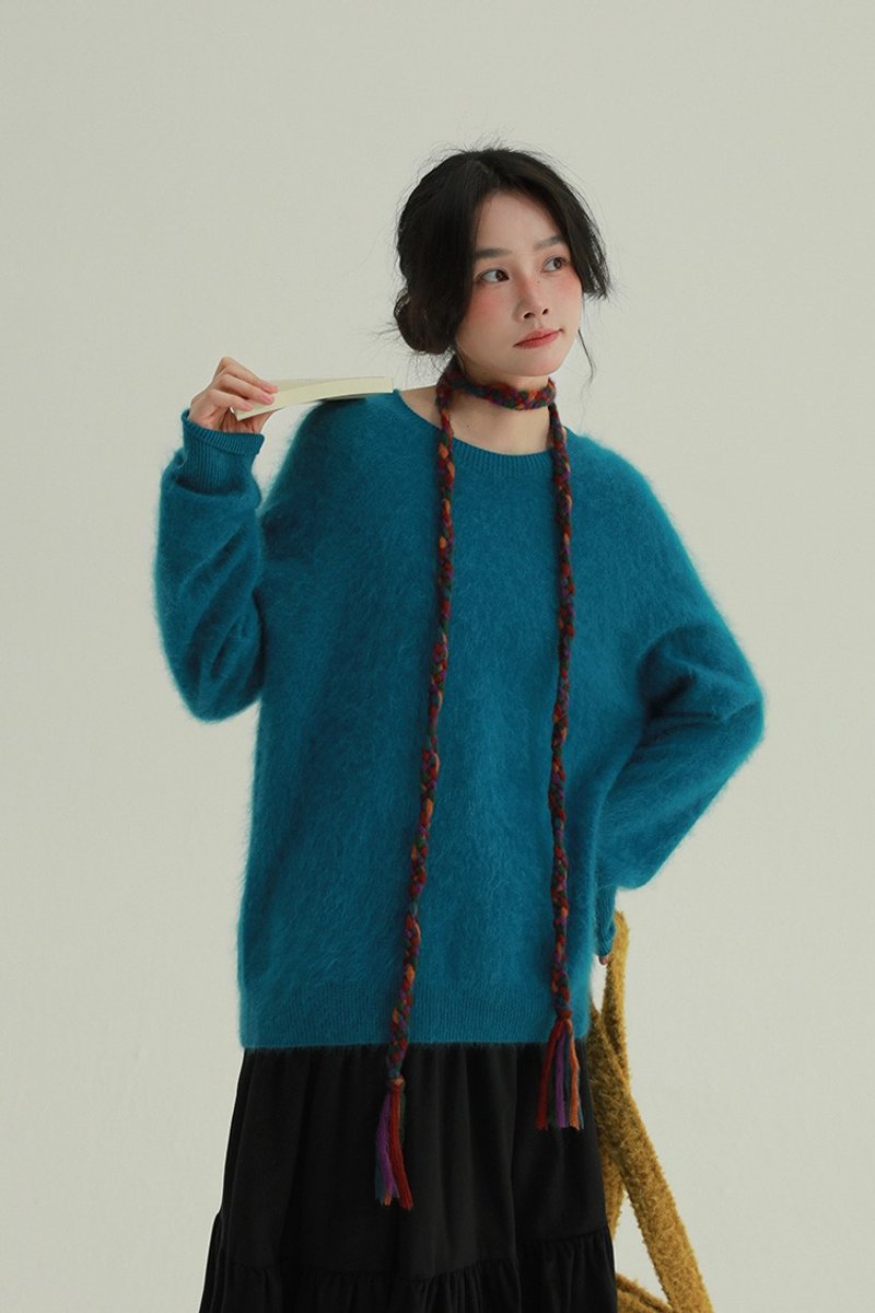 5 Colors | Oil Painting Autumn Leaves | Seamless Brushed Gentle Crewneck Sweater | Casual Loose Basic Knit Top - สเวตเตอร์ผู้หญิง - ขนแกะ สีน้ำเงิน