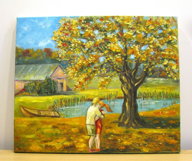 Autumn landscape with love pair oil painting large size home wall decoration - 壁貼/牆壁裝飾 - 其他材質 多色