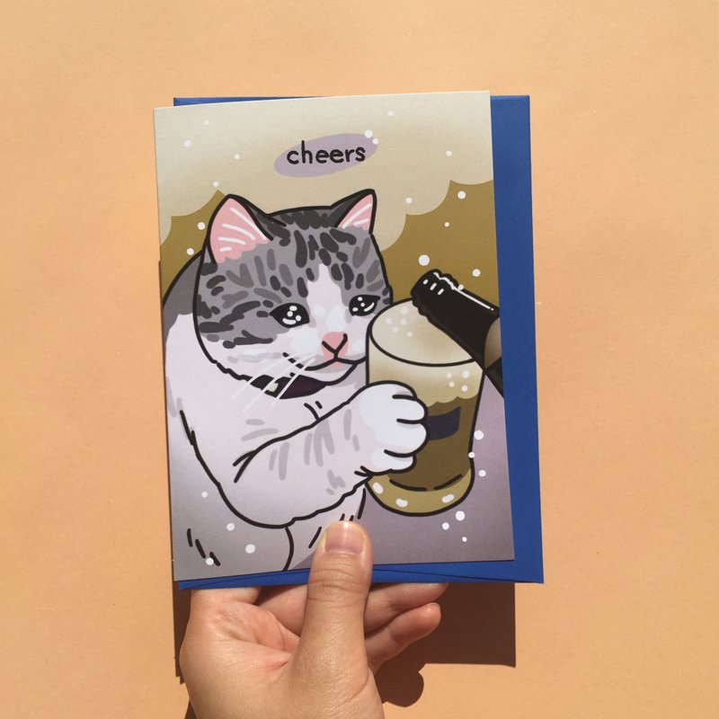Greeting Card - Cheers Beer Sad Cat Meme - 卡片/明信片 - 紙 