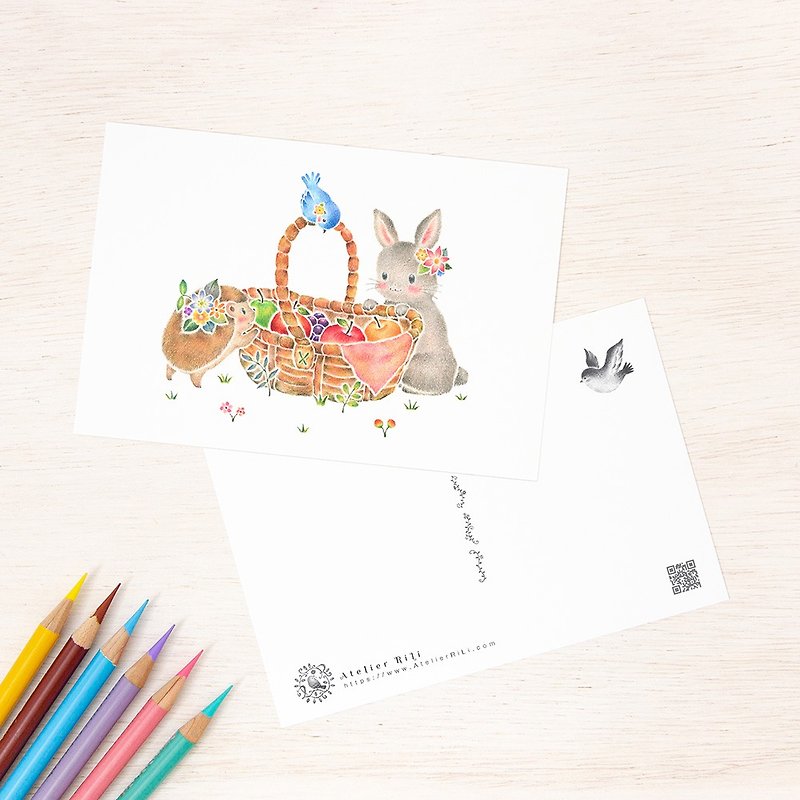 Set of 5 pieces. Like a picture book. Postcard "Animal and Fruit Basket" PC-352 - Cards & Postcards - Paper Multicolor