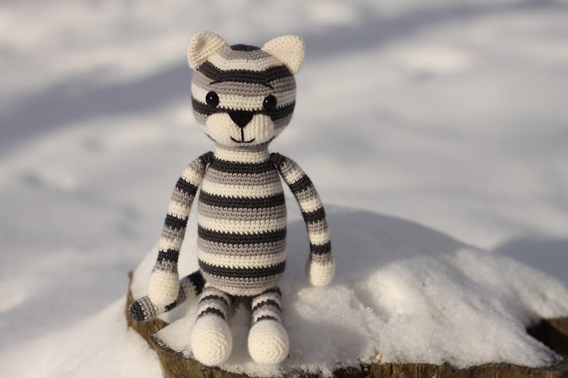 Crochet cat stripe 12.4 inch, Crochet cat Stuffed, toy knitted cat, Big soft cat