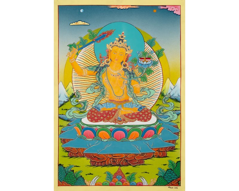 神聖文殊師利唐卡 – 手工製作的覺悟智慧與清晰思維象徵 - 壁貼/牆壁裝飾 - 其他材質 多色