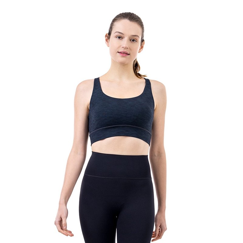 【NAMASTE】Debbie 美背網布剪接短上衣 - 灰黑紋 - 運動內衣 - 尼龍 黑色