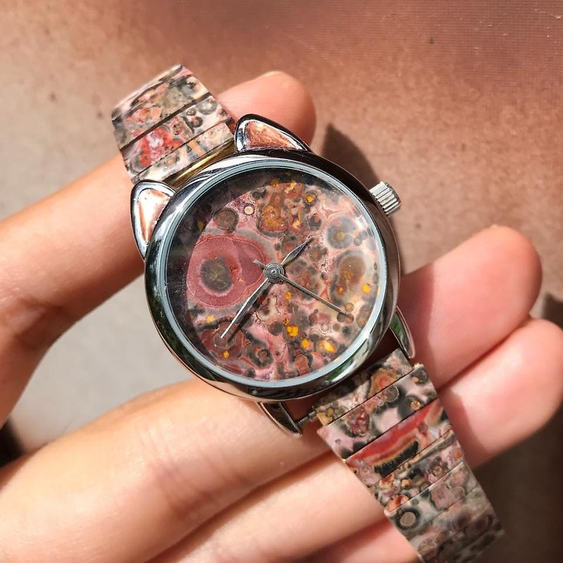 【Lost And Find】Natural agate gemstone cat watch with panther pattern - Women's Watches - Gemstone Brown