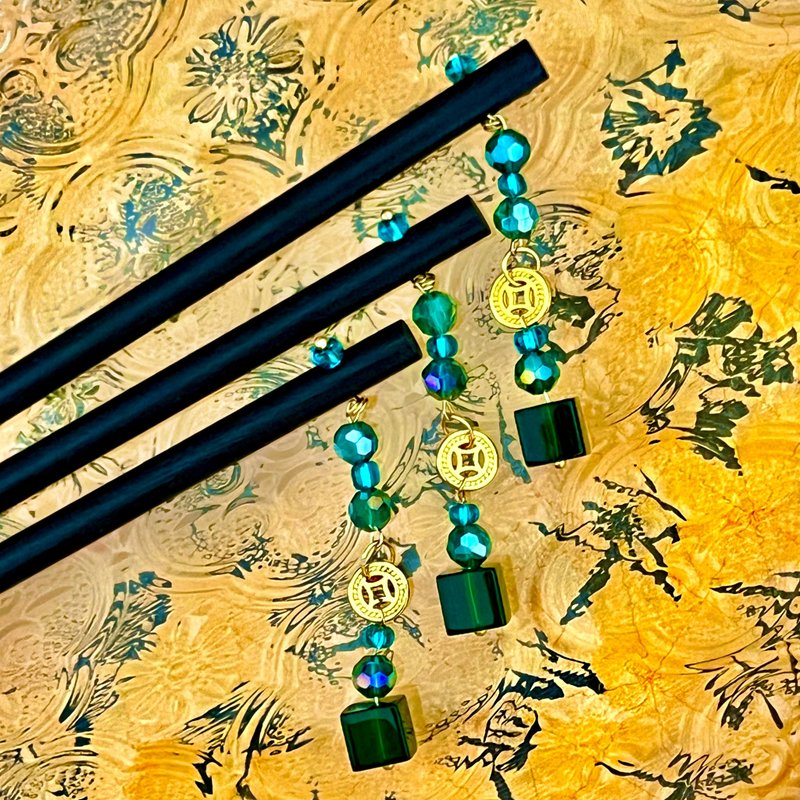 Official green copper money tassel wooden hairpin - Hair Accessories - Crystal Green