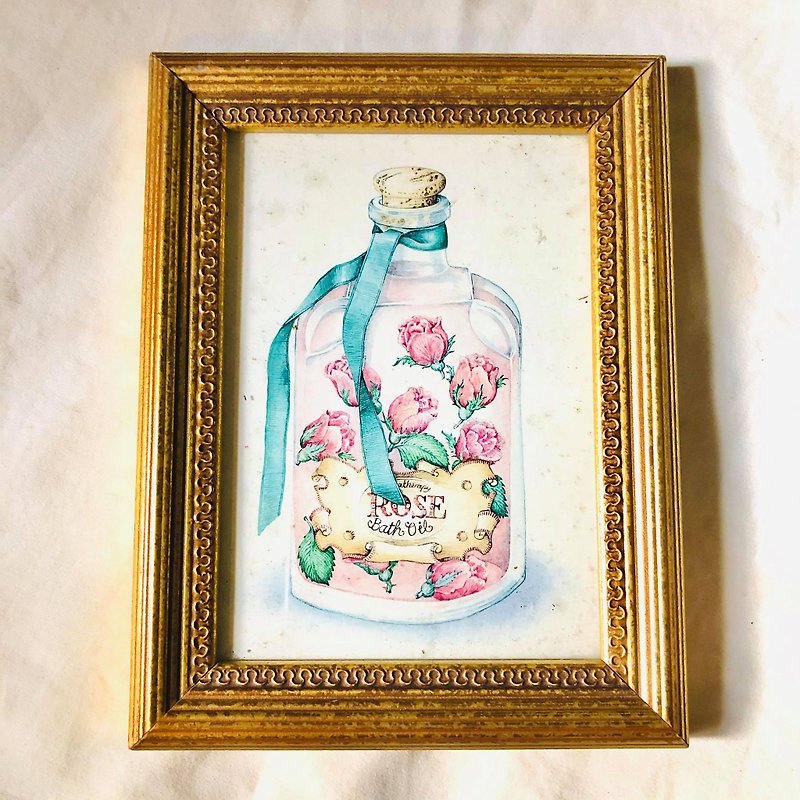 American antique hand-painted ROSE Bath Oil bottle image golden carvings framed hanging painting decoration - โปสเตอร์ - กระดาษ สึชมพู