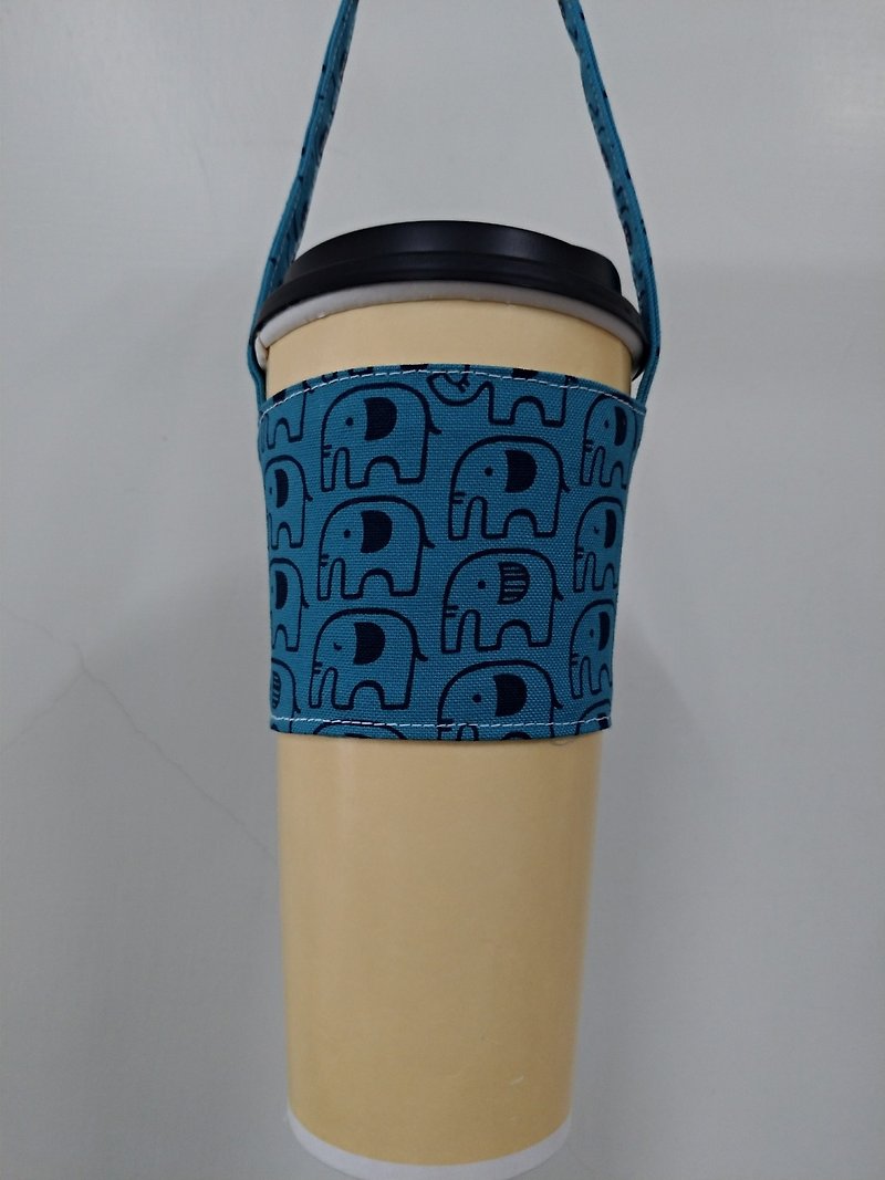 Drink Cup Set Eco Cup Set Hand Drink Bag Coffee Bag Tote Bag - Elephant (Blue) - Beverage Holders & Bags - Cotton & Hemp 