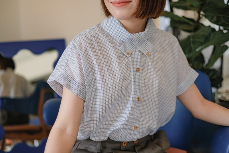Cotton X collar Shirt :  White Grid - Women's Tops - Cotton & Hemp White