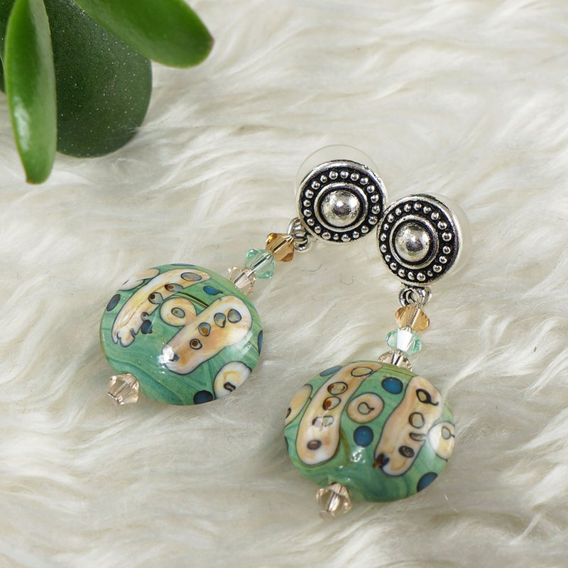 Mint Green Beige Lampwork Murano Glass Earrings Large Long Earrings Jewelry Gift - 耳環/耳夾/耳骨夾 - 玻璃 綠色