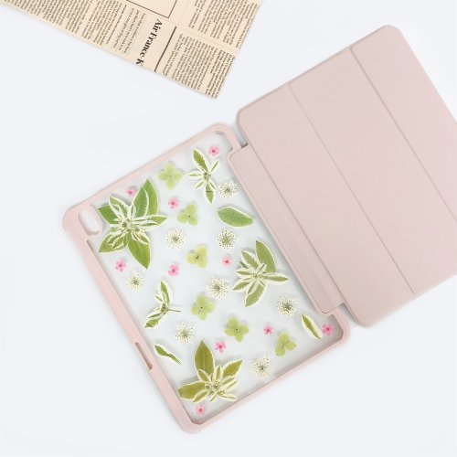 FeimeiPresents 綠葉粉紅白花手工押花iPad殼 iPad Air 11寸13寸iPad Pro11寸13寸
