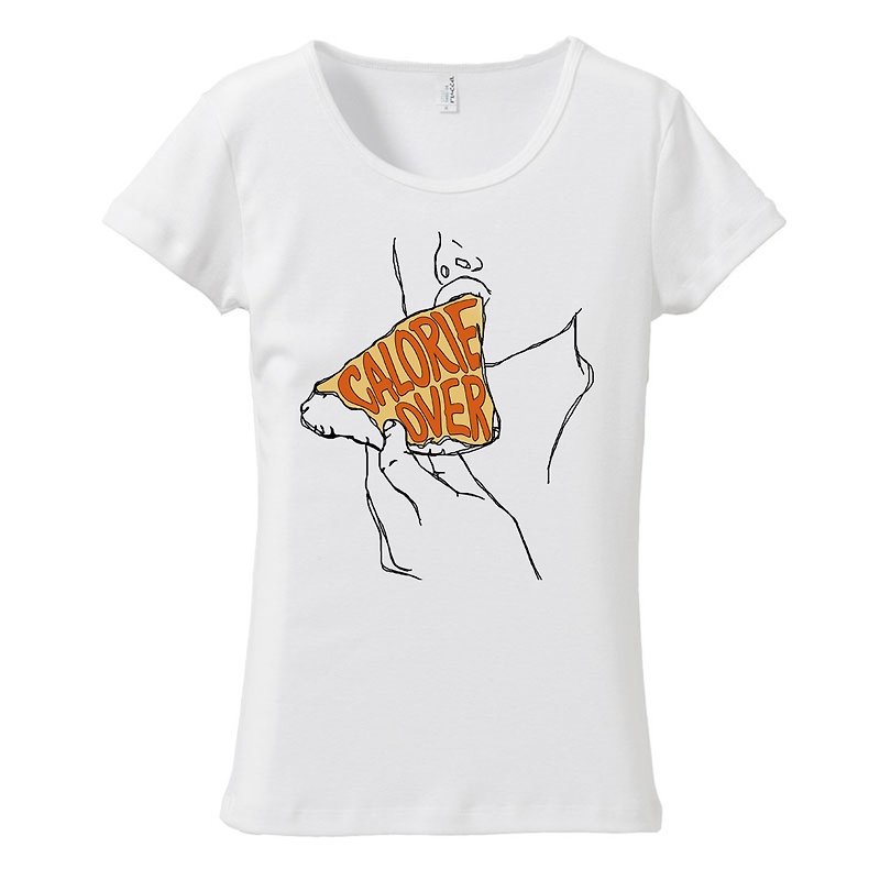 Women's T-shirt Calorie over / pizza - เสื้อยืดผู้หญิง - ผ้าฝ้าย/ผ้าลินิน ขาว