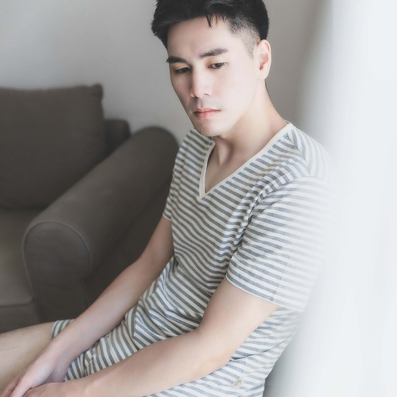 UMORFIL膠原蛋白橫條V領短袖親膚消臭男內衣-共4色/父親節 - 睡衣/居家服 - 棉．麻 多色