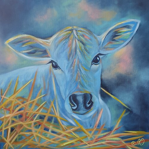 IllaUartGallery Cow Painting Animal Original Art Baby Cow Wall Art Canvas Oil Painting