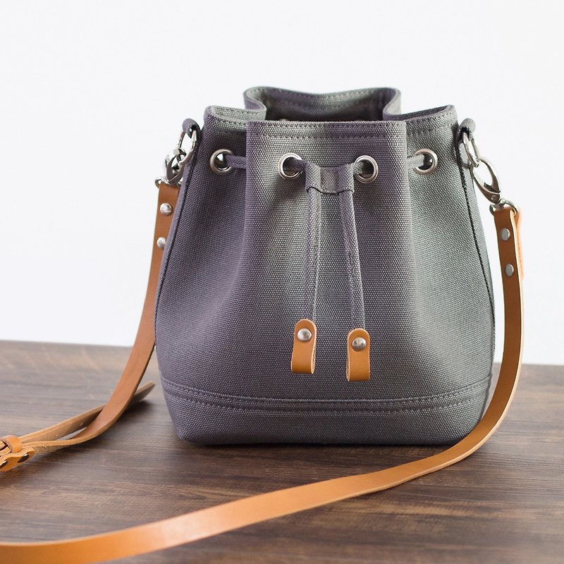 Limited Time Offer Canvas Bucket Bag Vegetable Tanned Leather Accessories Small Colorblock Solid Color 18 Colors Available Everyday - Messenger Bags & Sling Bags - Cotton & Hemp Gray