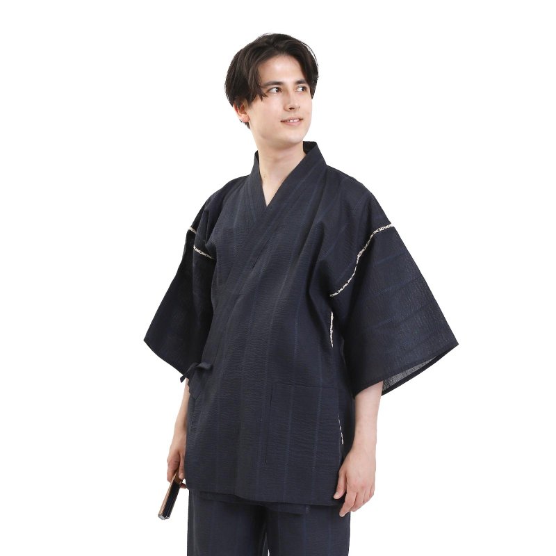 日本 和服 男士 綿麻 甚平 休閒服 睡衣 成套組 M L LL wn10 - 睡衣/居家服 - 棉．麻 藍色