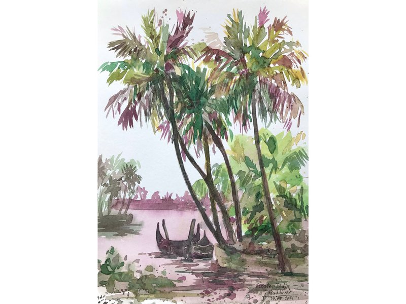 Kerala art original painting Alleppey watercolor Boat India Palm trees artwork b - ตกแต่งผนัง - กระดาษ สีเขียว