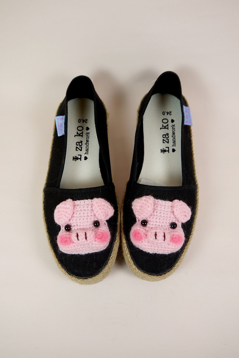 黑底 純棉手作帆布鞋 新春豬豬款 有編織款 - 女款休閒鞋 - 棉．麻 粉紅色
