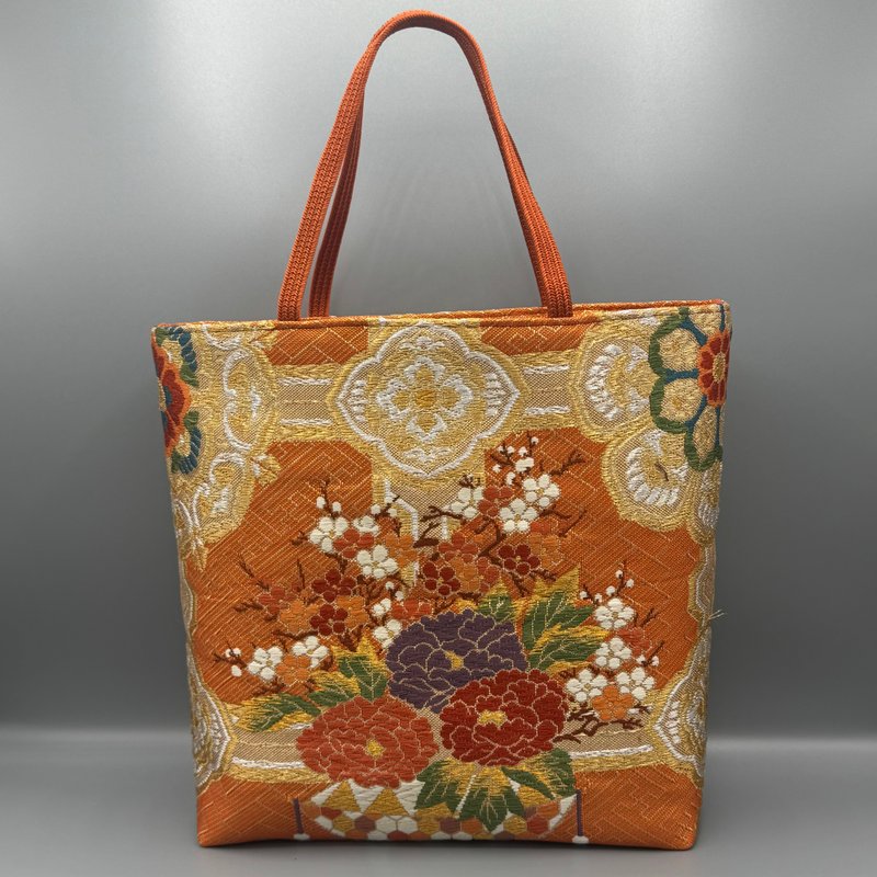 着物 帯 帯締め ハンドメイド トートバッグ リメイク オレンジ 佐賀錦 格天井花籠文 - 手提包/手提袋 - 絲．絹 橘色