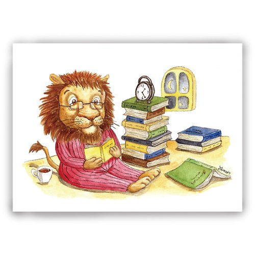 DuDo Shop 土豆屋 手繪插畫萬用卡/卡片/明信片/插畫卡--獅子 閱讀 夜讀 熬夜看書