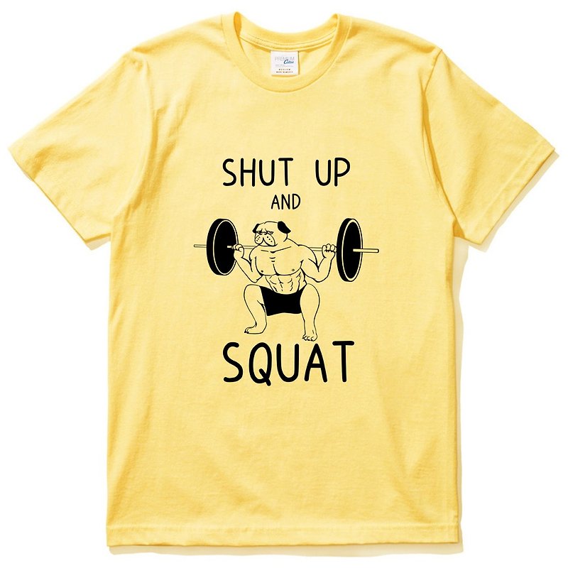 SHUT UP SQUAT PUG yellow t shirt - เสื้อยืดผู้ชาย - ผ้าฝ้าย/ผ้าลินิน สีเหลือง