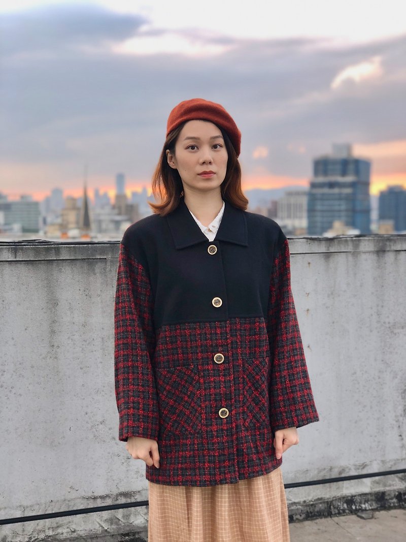 Classic Academy-Red and Black Plaid Patchwork Jacket