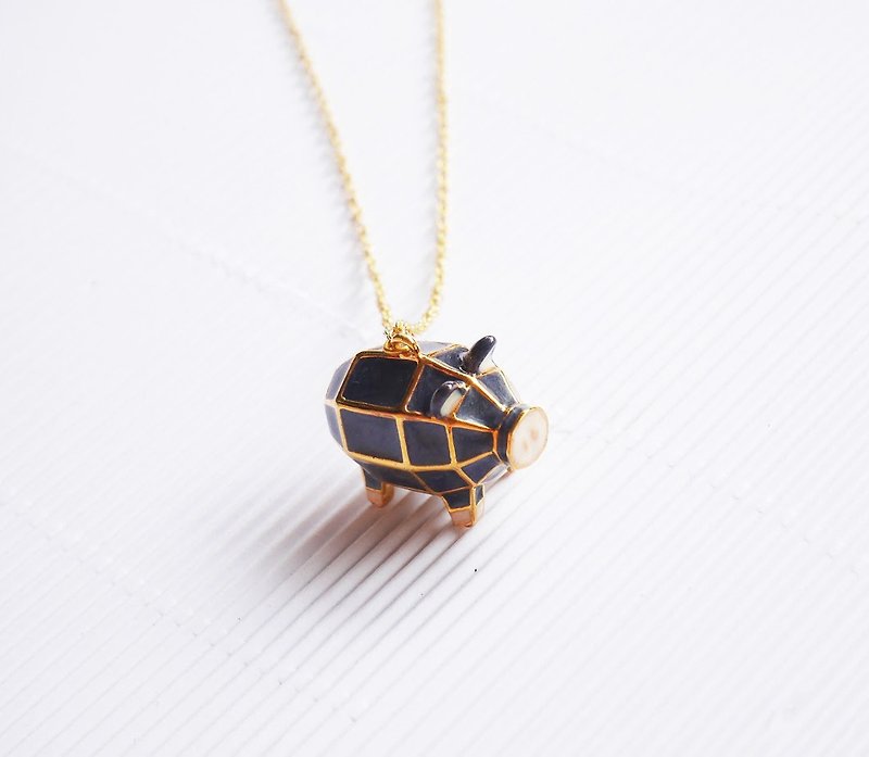 Glorikami Black Pig Necklace - 項鍊 - 其他金屬 黑色