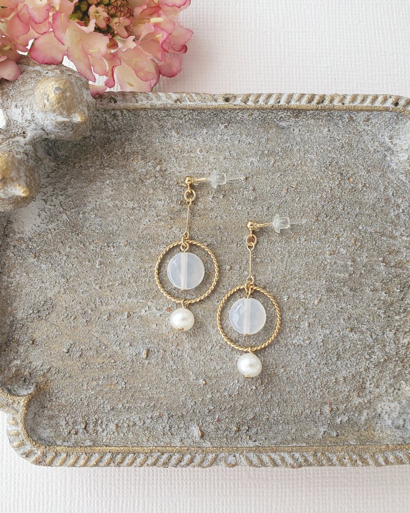 freshwater pearl and milky agate circle pierced earrings or clip-on earrings - Earrings & Clip-ons - Semi-Precious Stones White