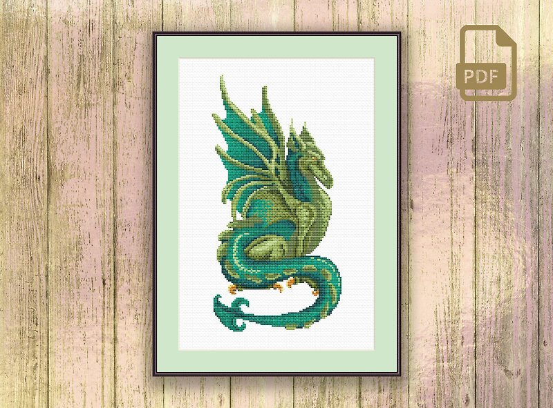 Emerald Dragon Cross Stitch Pattern #oth077 - เย็บปัก/ถักทอ/ใยขนแกะ - วัสดุอื่นๆ 