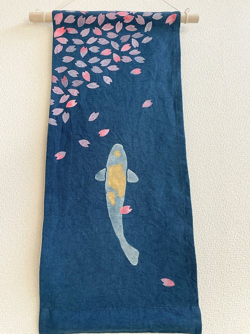 BLUE PHASE 日本製 桜に恋する鯉 Sakura Carp Tapestry cherry blossom Indigo dyed 藍染タペストリー 型摺り染 aizome