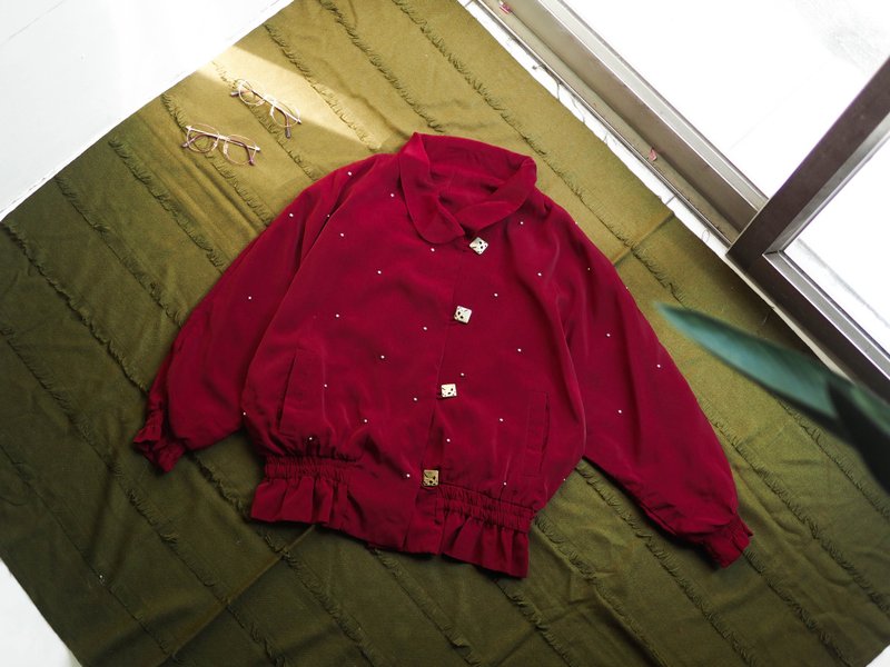 烈焰純紅澎袖縮口摺立領鉚釘 古董薄質夾克外套 dustcoat jacket - 女大衣/外套 - 聚酯纖維 紅色