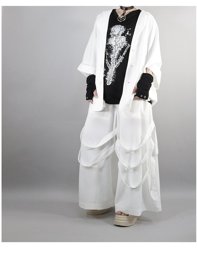 其他材質 男長褲/休閒褲 白色 - Hakama style belt wide pants japan gothic rock DRT2716
