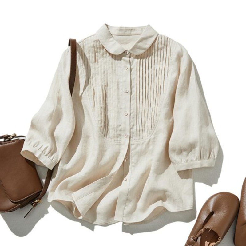 Cute and grown-up round-collar shirt blouse, 100% Linen with pin tucks, beige, 240512-2 - Women's Tops - Cotton & Hemp 