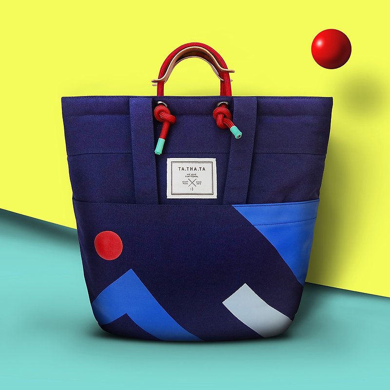 Swift rolling navy sea : 4 ways bag backpack, tote bag, crossbody bag, handbag - กระเป๋าเป้สะพายหลัง - ผ้าฝ้าย/ผ้าลินิน สีน้ำเงิน