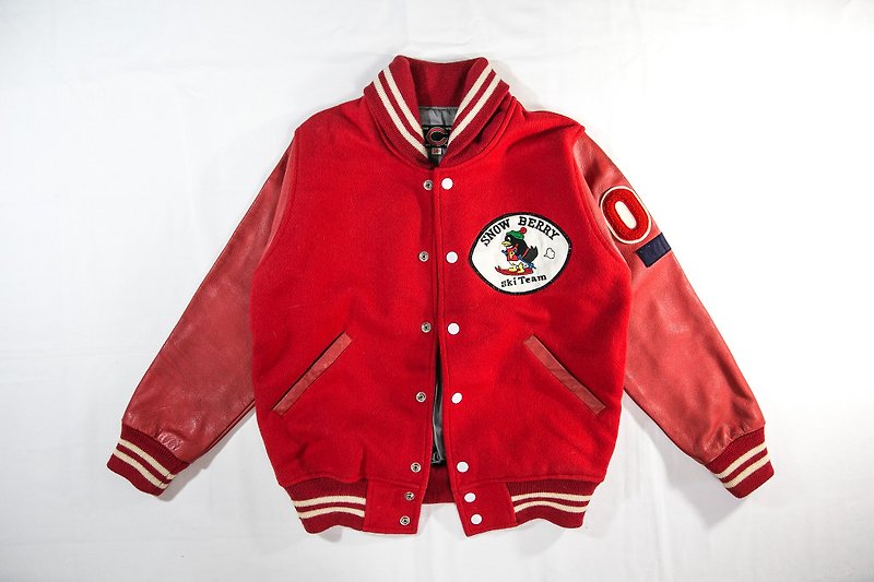 [3thclub Ming Ren Tang] leather sleeve baseball jacket wool BSE-002 Japan vintage female version - เสื้อแจ็คเก็ต - ผ้าฝ้าย/ผ้าลินิน สีแดง