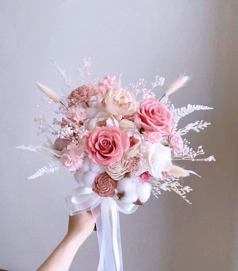 [Perpetual dried flowers] Coral pink white permanent rose hydrangea natural semi-circular bouquet - Dried Flowers & Bouquets - Plants & Flowers Pink