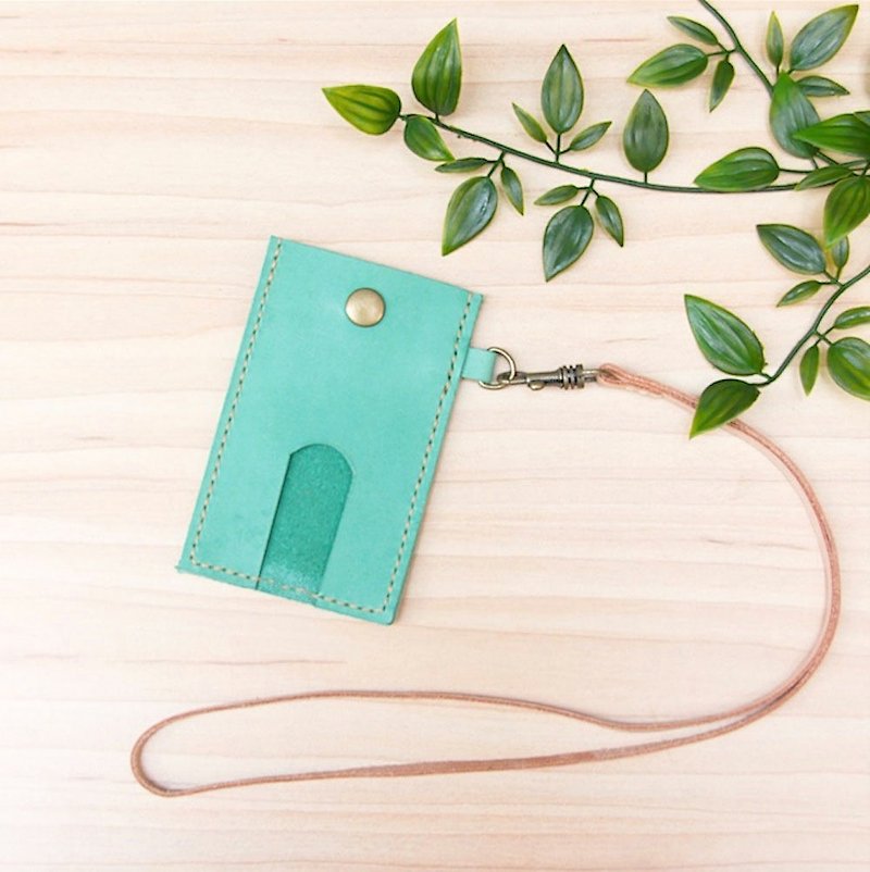 Leather leisure card set lake water green free lettering gift lanyard - ID & Badge Holders - Genuine Leather Green