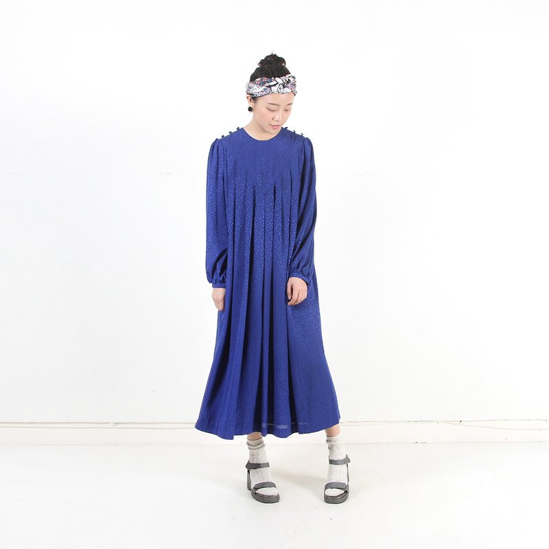 【蛋植物古着】藍寶玫瑰純色傘狀古著洋裝 - 洋裝/連身裙 - 聚酯纖維 藍色