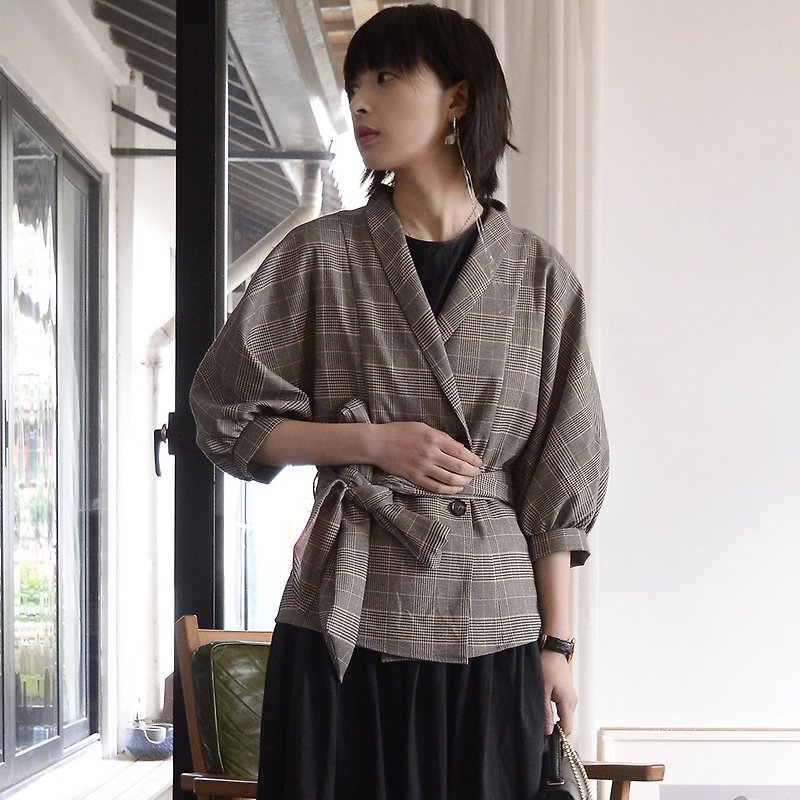 法式優雅格紋小西裝|小西裝|棉+TR|獨立品牌|Sora-112 - 女大衣/外套 - 棉．麻 