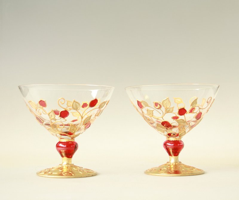 Shot Glasses, Low stems, Red Gold Rose hips , Hand-painted set of 2 - 酒杯/酒器 - 玻璃 金色