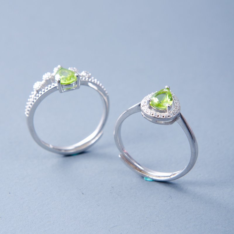 橄欖石925純銀戒指 | 天然寶石純銀鑲鑽綠色水晶可調節指環禮物 - 戒指 - 寶石 綠色
