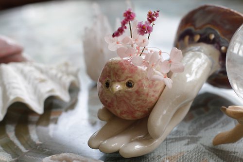 波力兔手作舍 純手工捏製浪漫粉陶瓷小鳥擺件
