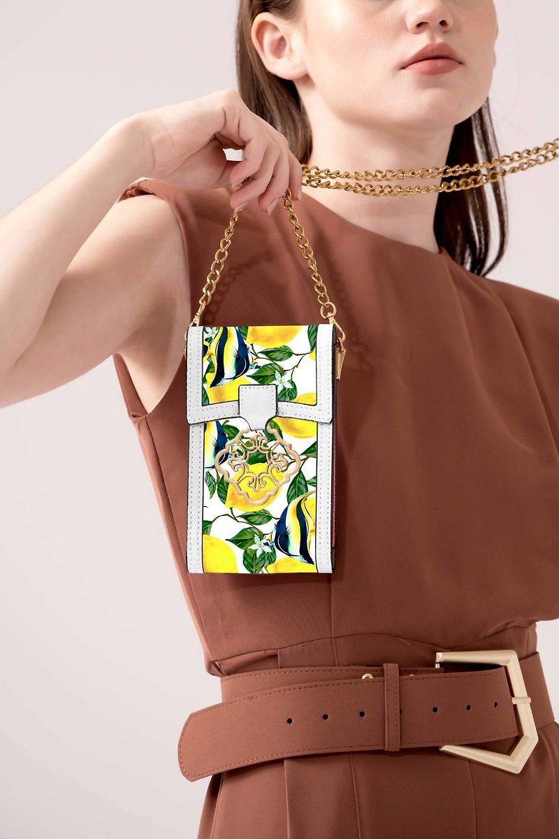 ANDERLOS Designer Lime Summer Lemon Fruit Tropical Fish Print Phone Case - Messenger Bags & Sling Bags - Genuine Leather White