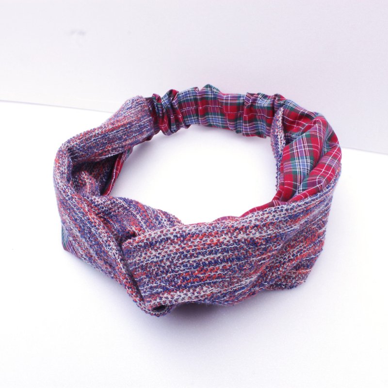 Red and blue yarn lattice blending hair band (limited) - เครื่องประดับผม - ผ้าฝ้าย/ผ้าลินิน สีแดง