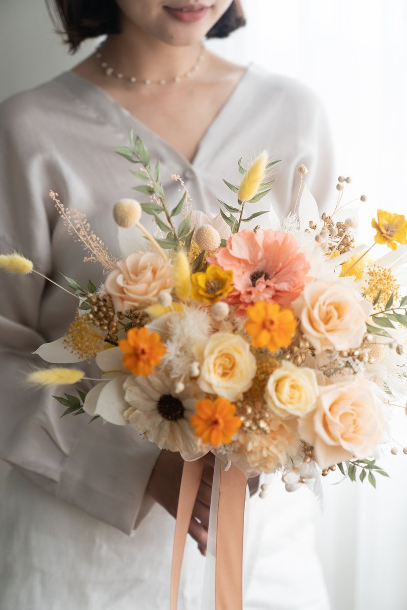 橘黃色捧花 永生捧花 永生花 永生玫瑰 新娘捧花 - 乾燥花/永生花 - 植物．花 橘色