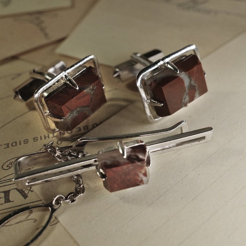 Japan Vintage old mine natural mine high-grade agate chalcedony brick red Akkar mine sterling silver cufflinks - เนคไท/ที่หนีบเนคไท - เครื่องประดับพลอย สีแดง