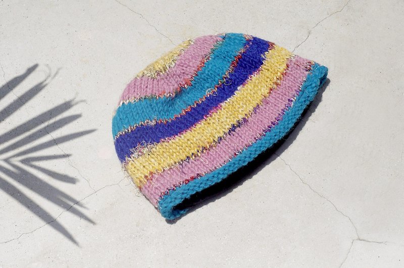 Christmas Market Exchange Gifts Christmas Gifts Limited one hand-woven pure wool hat / knitted wool hat / inner brush hand knitted wool hat / woolen hat (made in nepal)-colorful macaron hand-twisted saree knitting - Hats & Caps - Wool Multicolor